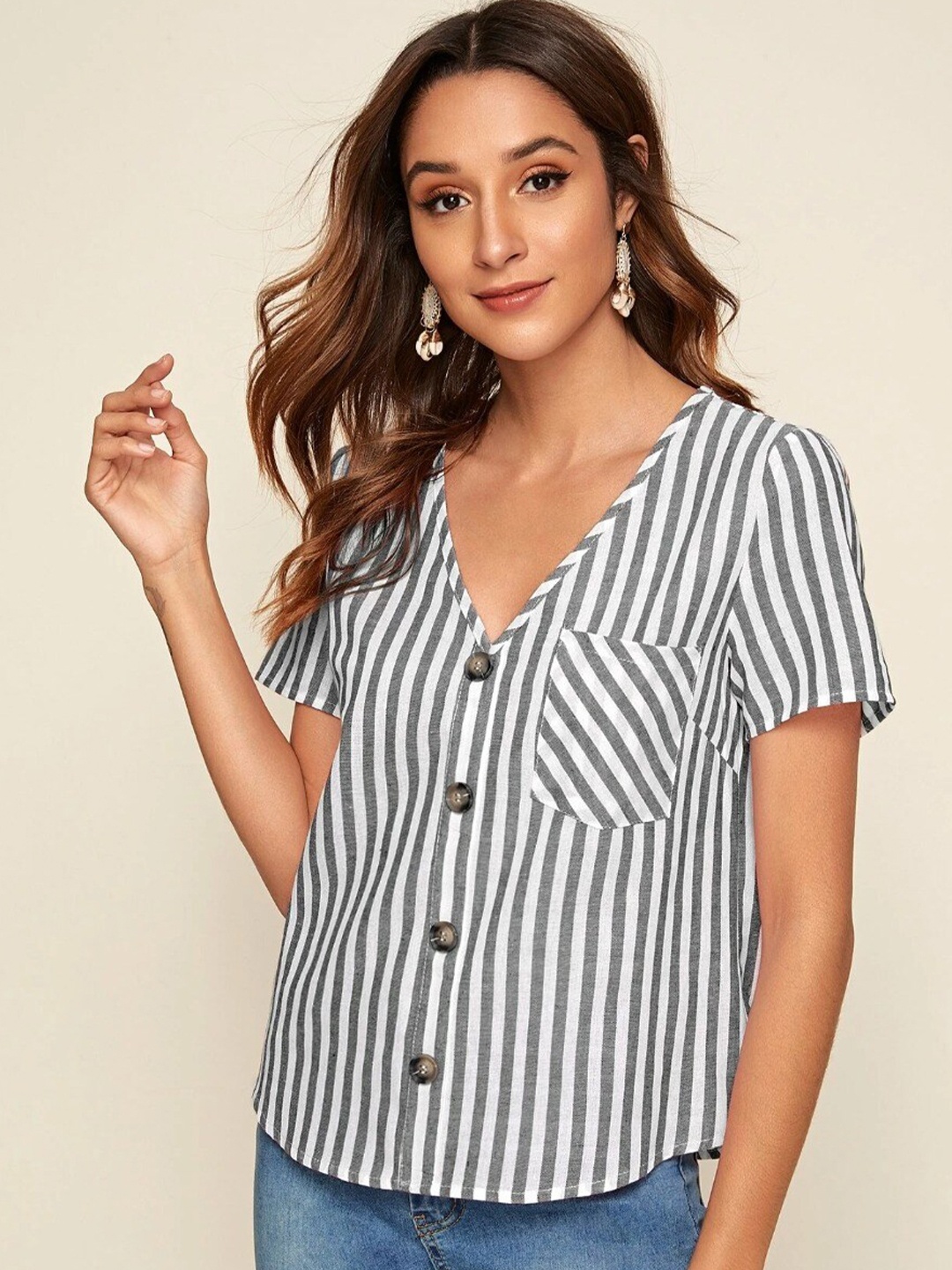 

eshami Striped V-Neck Pocket Detailed Shirt Style Top, Grey