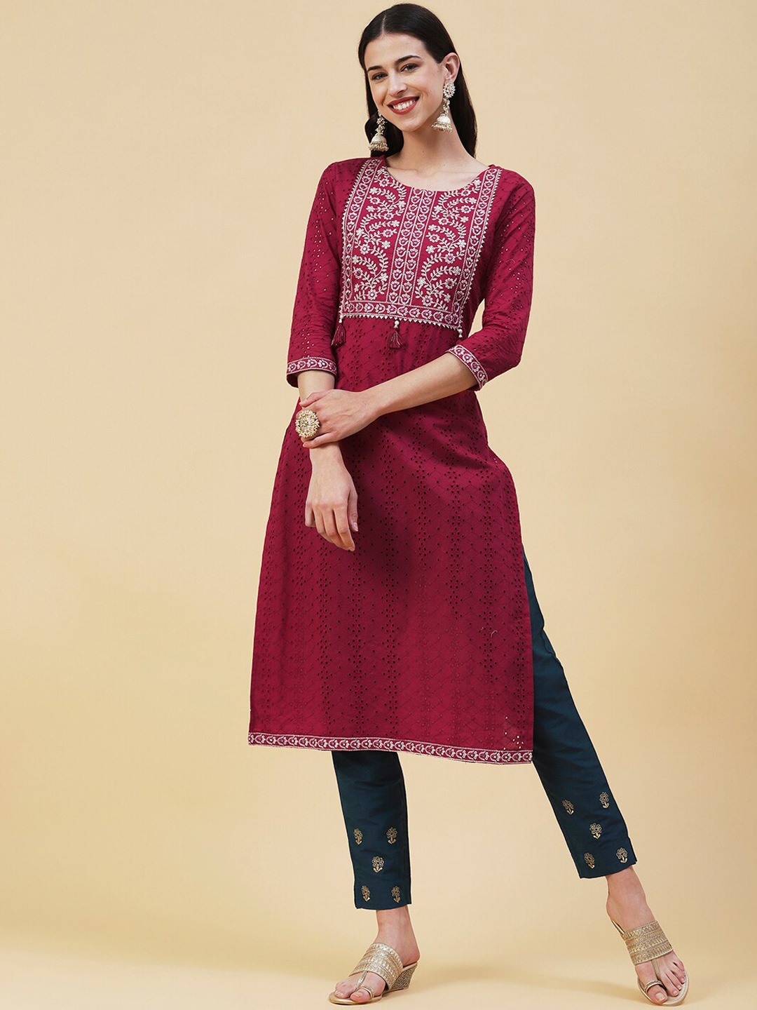 

FASHOR Yoke Design Mirror Work Pure Cotton Kurta, Red