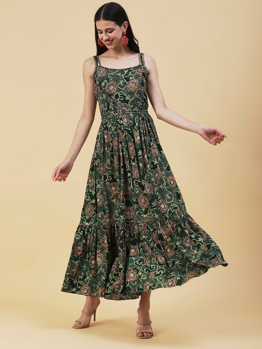 

FASHOR Mirror & Bead Work Shoulder Strap Floral Printed Fit & Flare Maxi Dress, Green