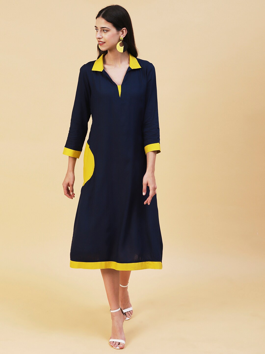 

FASHOR Shirt Collar Colorblocked A-Line Midi Dress, Navy blue