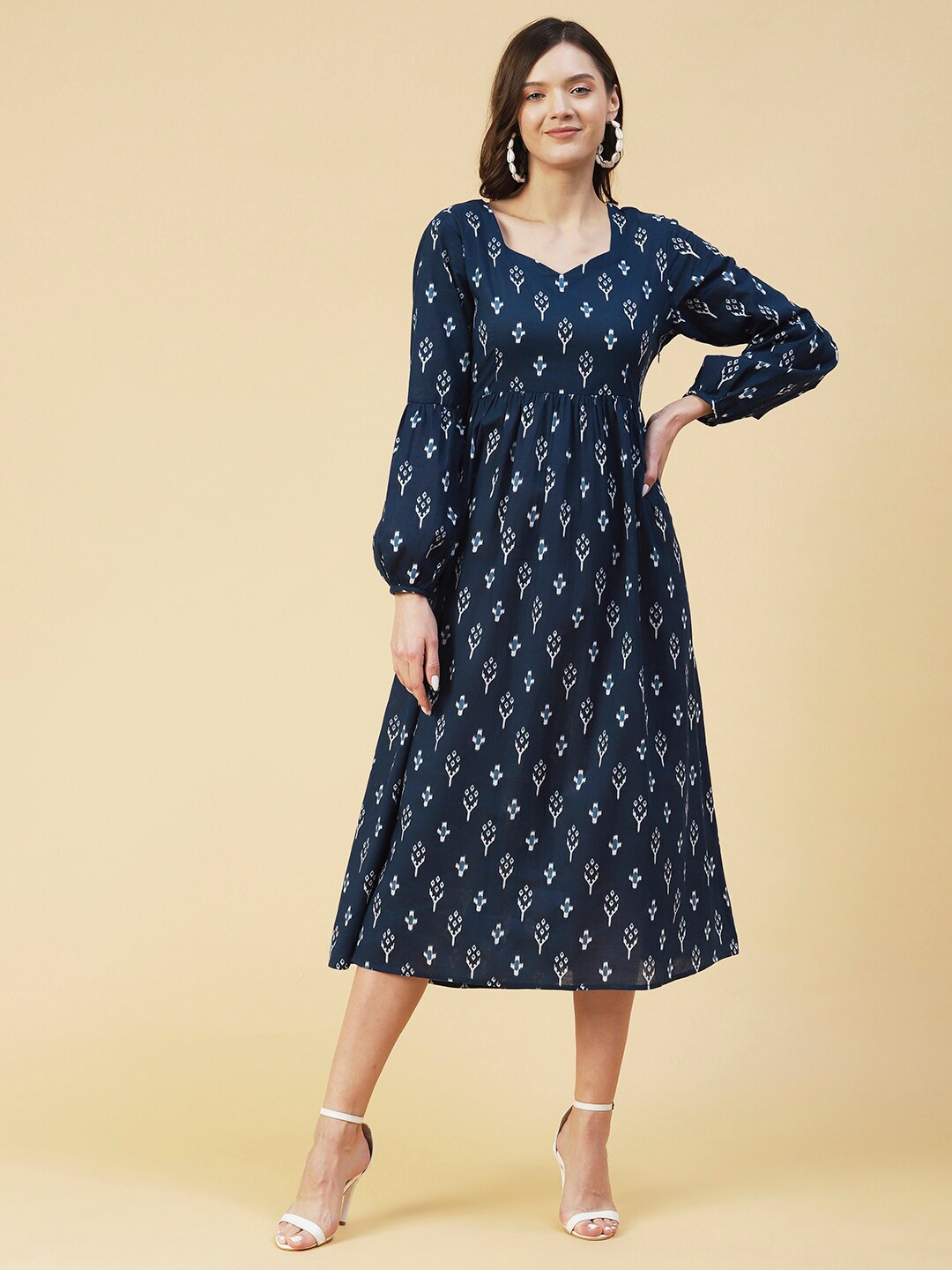 

FASHOR Ethnic Motifs A-Line Fit and Flare Midi Dress, Navy blue