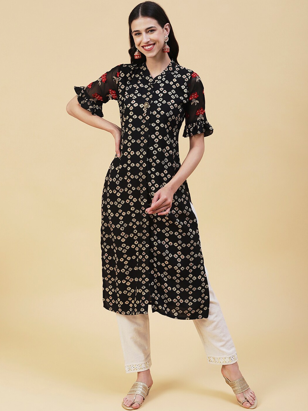 

FASHOR Abstract Printed Band Collar Bell Sleeves Thread Work A-Line Kurta, Black