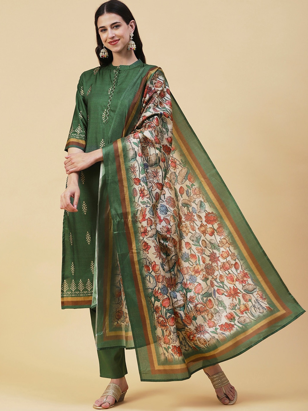 

FASHOR Embroidered Tussar Silk Straight Kurta with Trousers & With Dupatta, Green