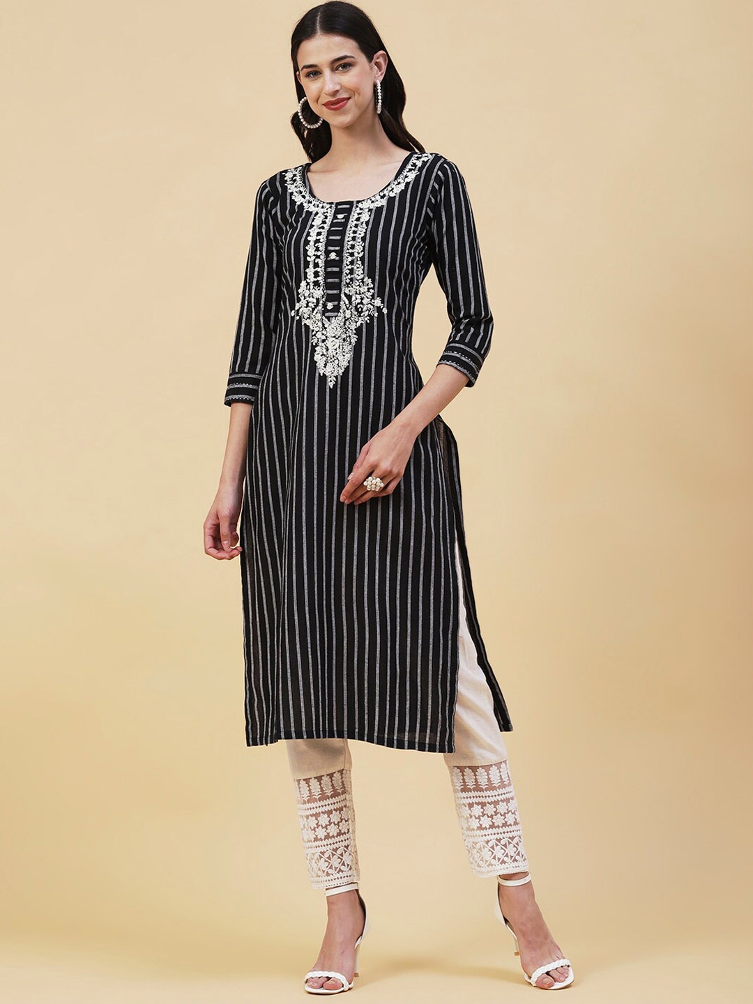 

FASHOR Thread Work Striped Cotton Kurta, Black