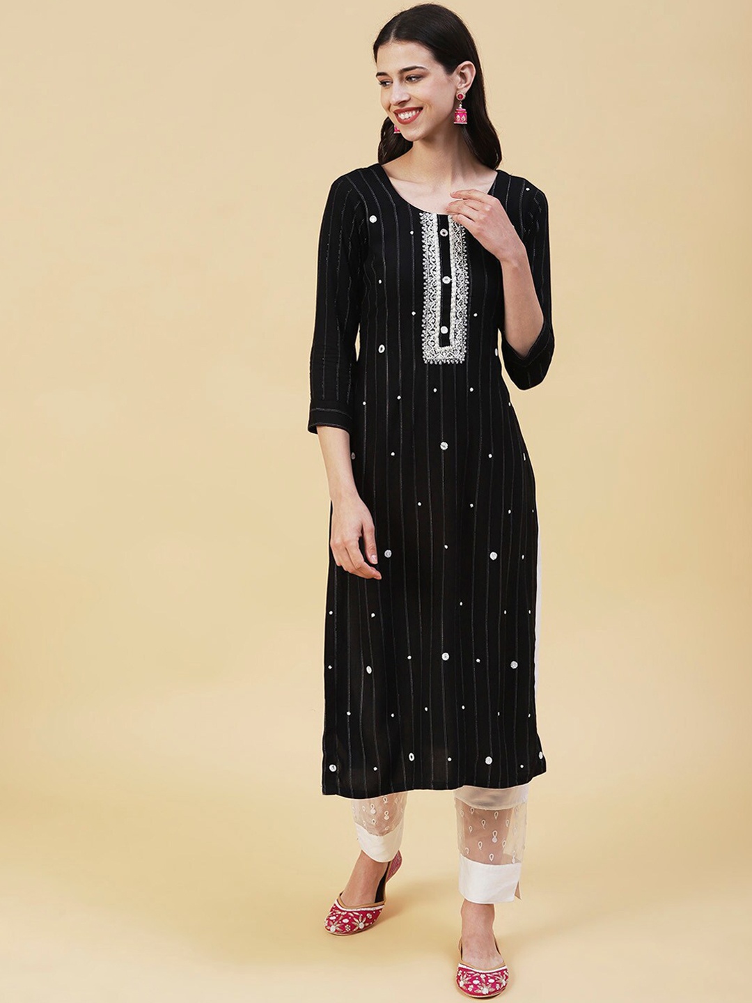 

FASHOR Striped Mirror Work Straight Kurta, Black