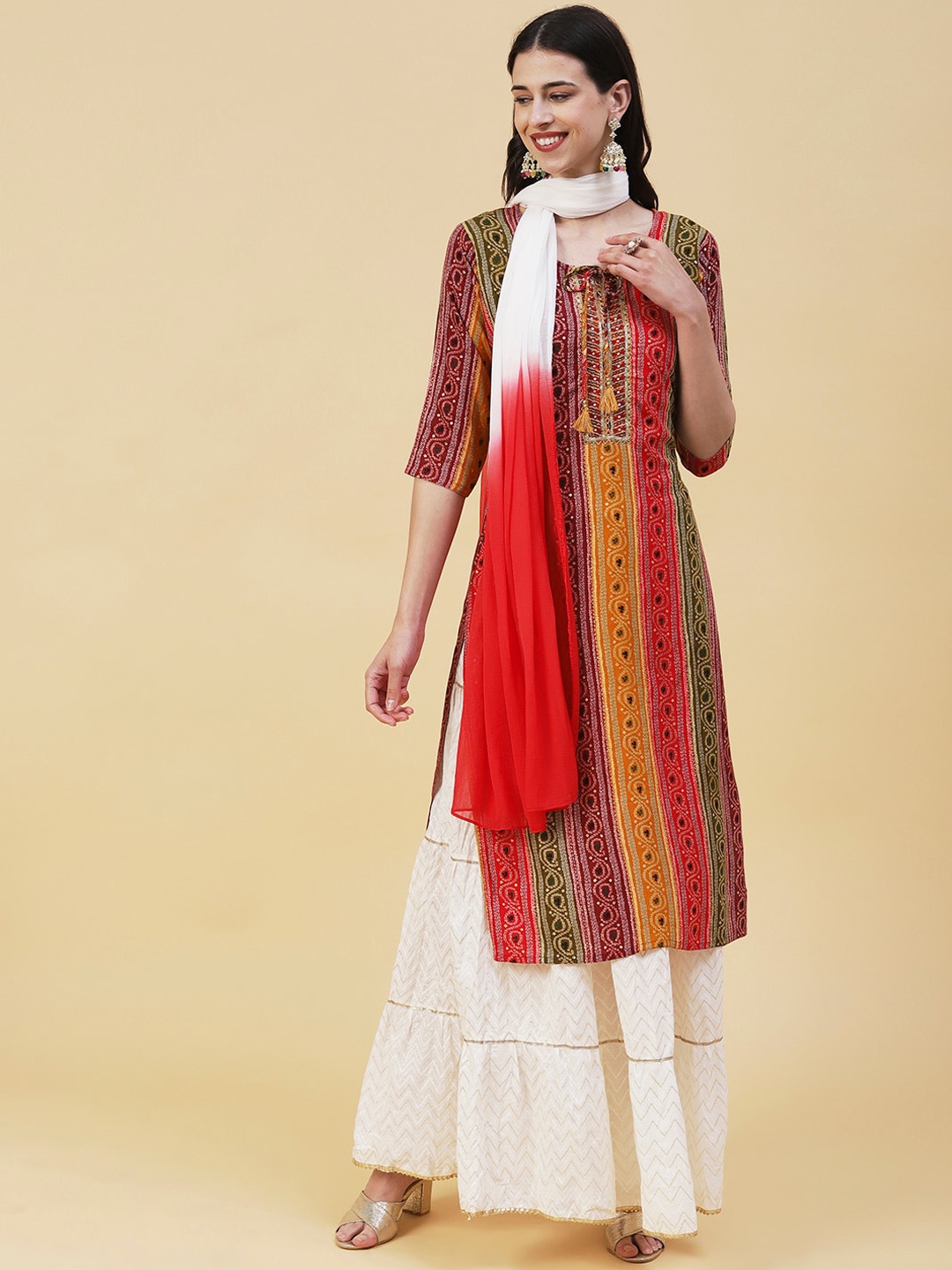 

FASHOR Bandhani Printed Sequinned Kurta With Skirt & Dupatta, Red