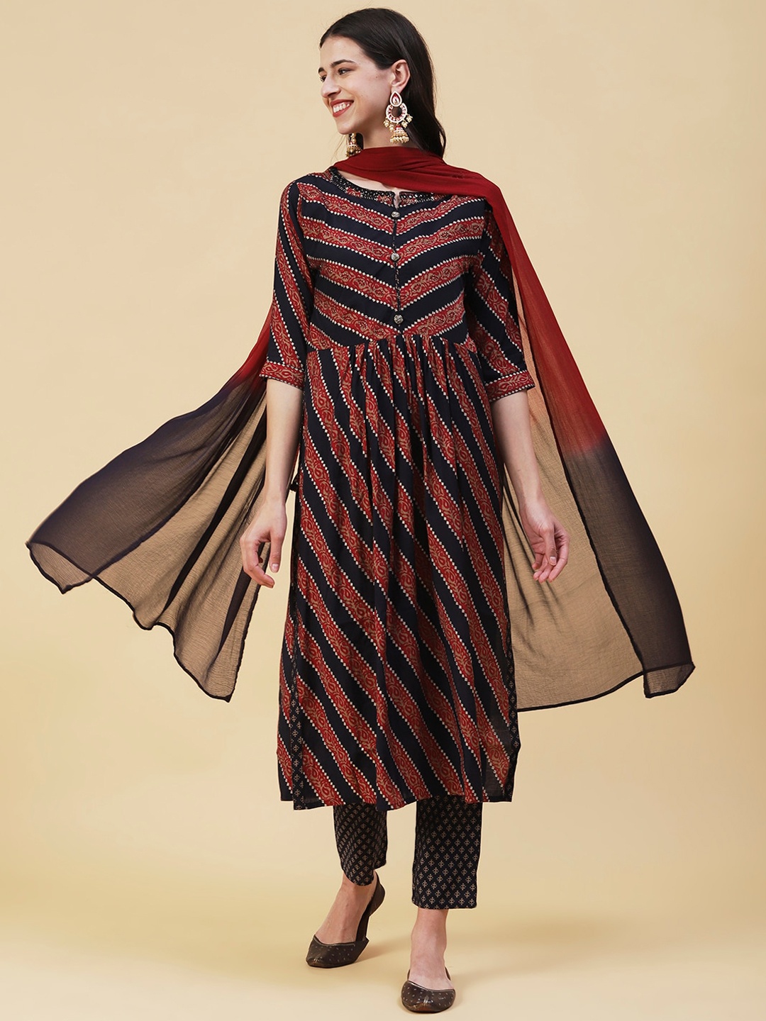 

FASHOR Paisley Printed Kurta With Trousers & Dupatta, Navy blue