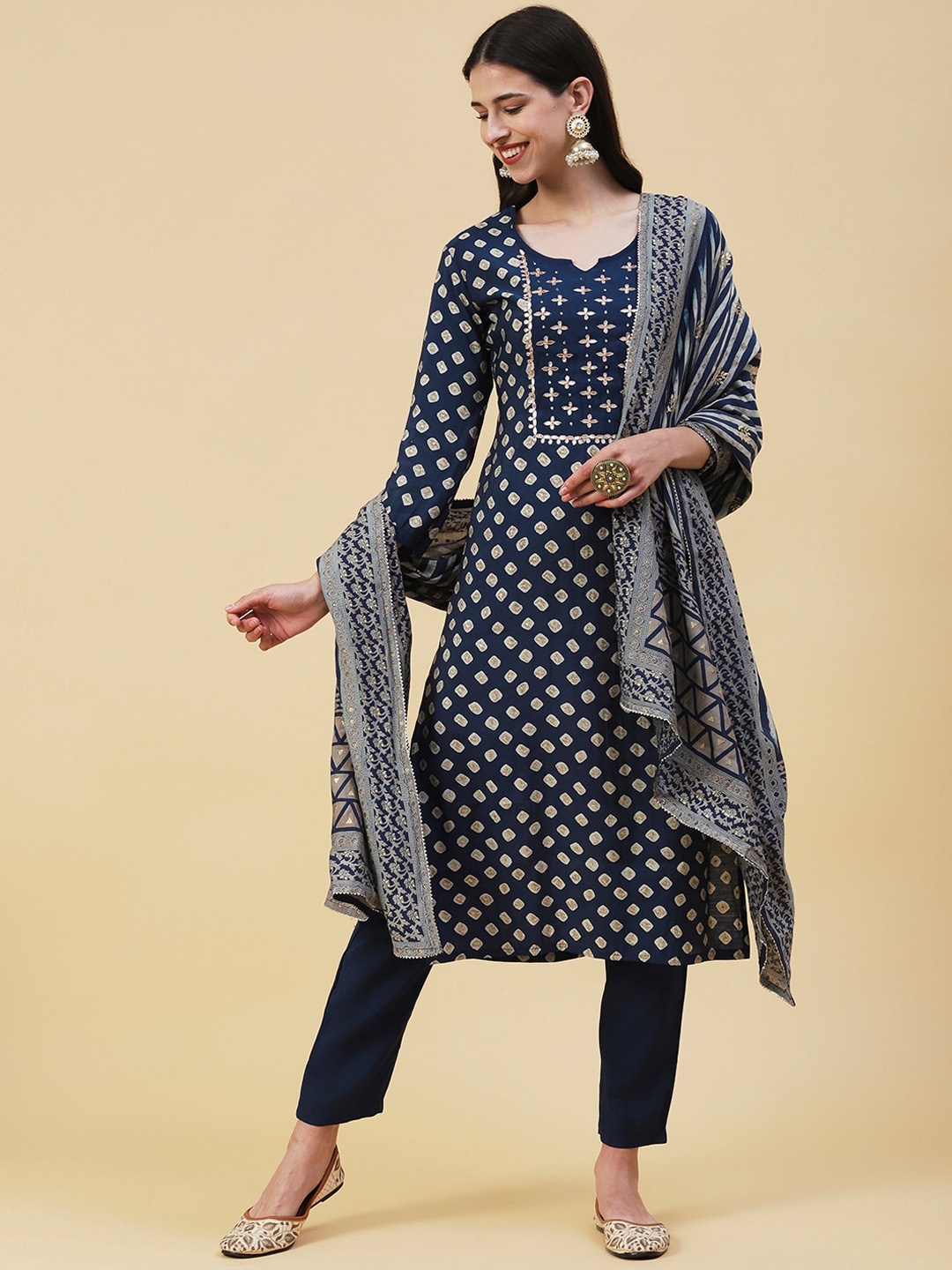 

FASHOR Bandhani Printed Gotta Patti Kurta with Trousers & Dupatta, Navy blue