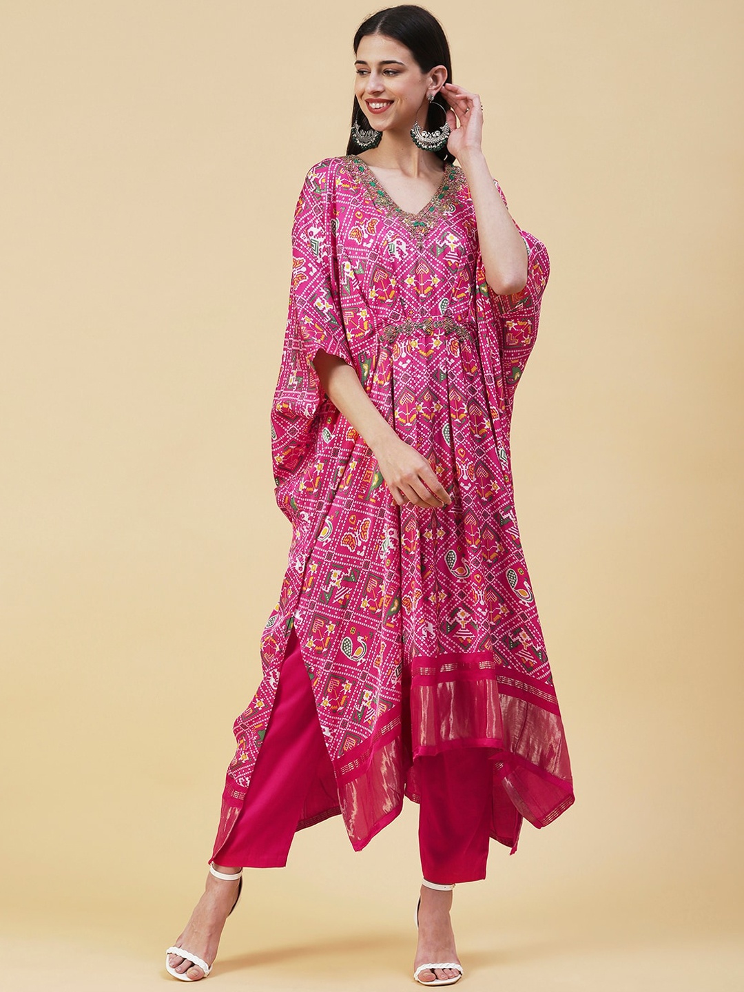 

FASHOR Ethnic Motifs Printed Zari Bandhani Kaftan Satin Kurta with Trousers, Fuchsia