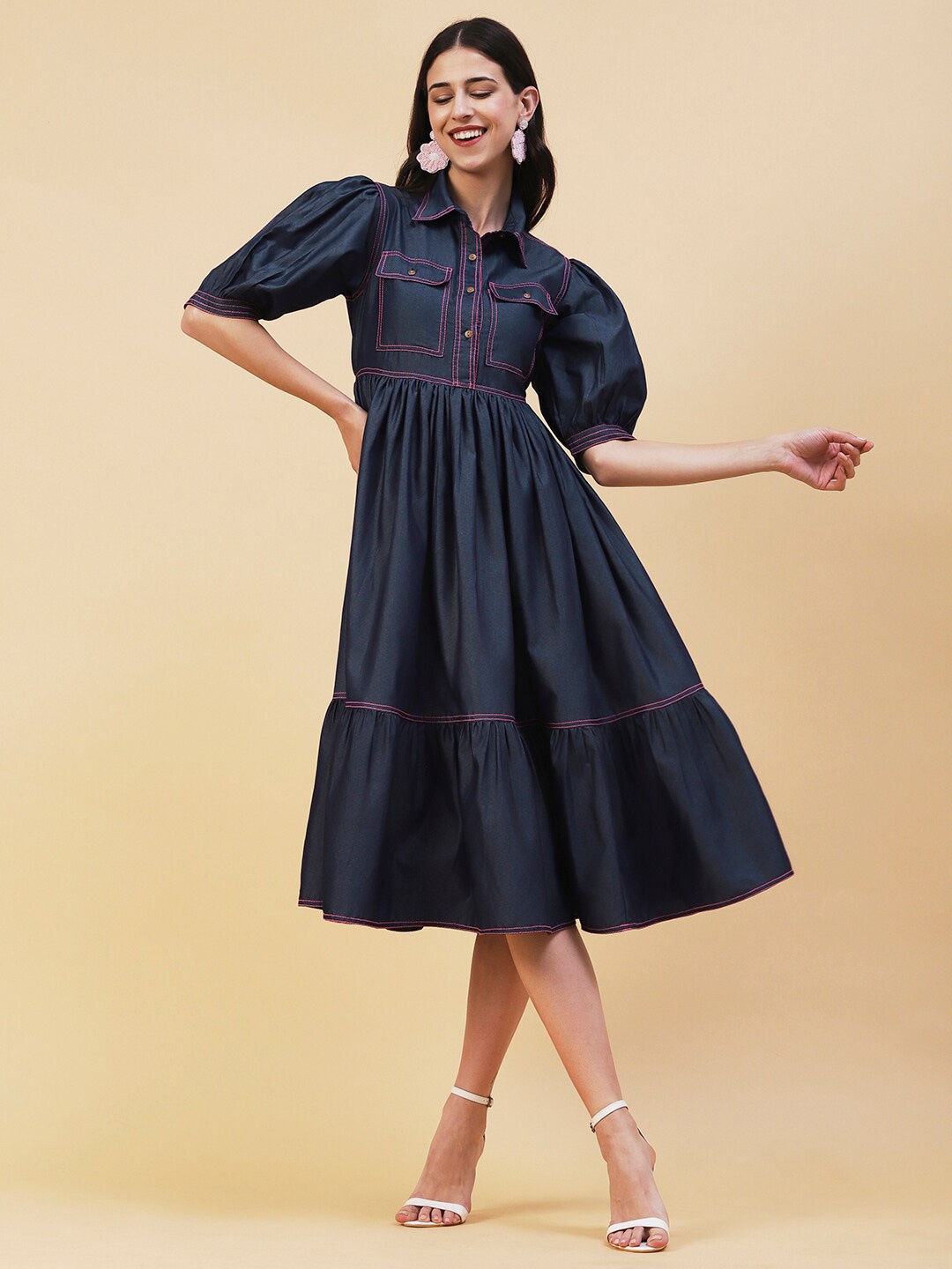 

FASHOR Puff Sleeves Fit & Flare Chambray Cotton Midi Dress, Navy blue