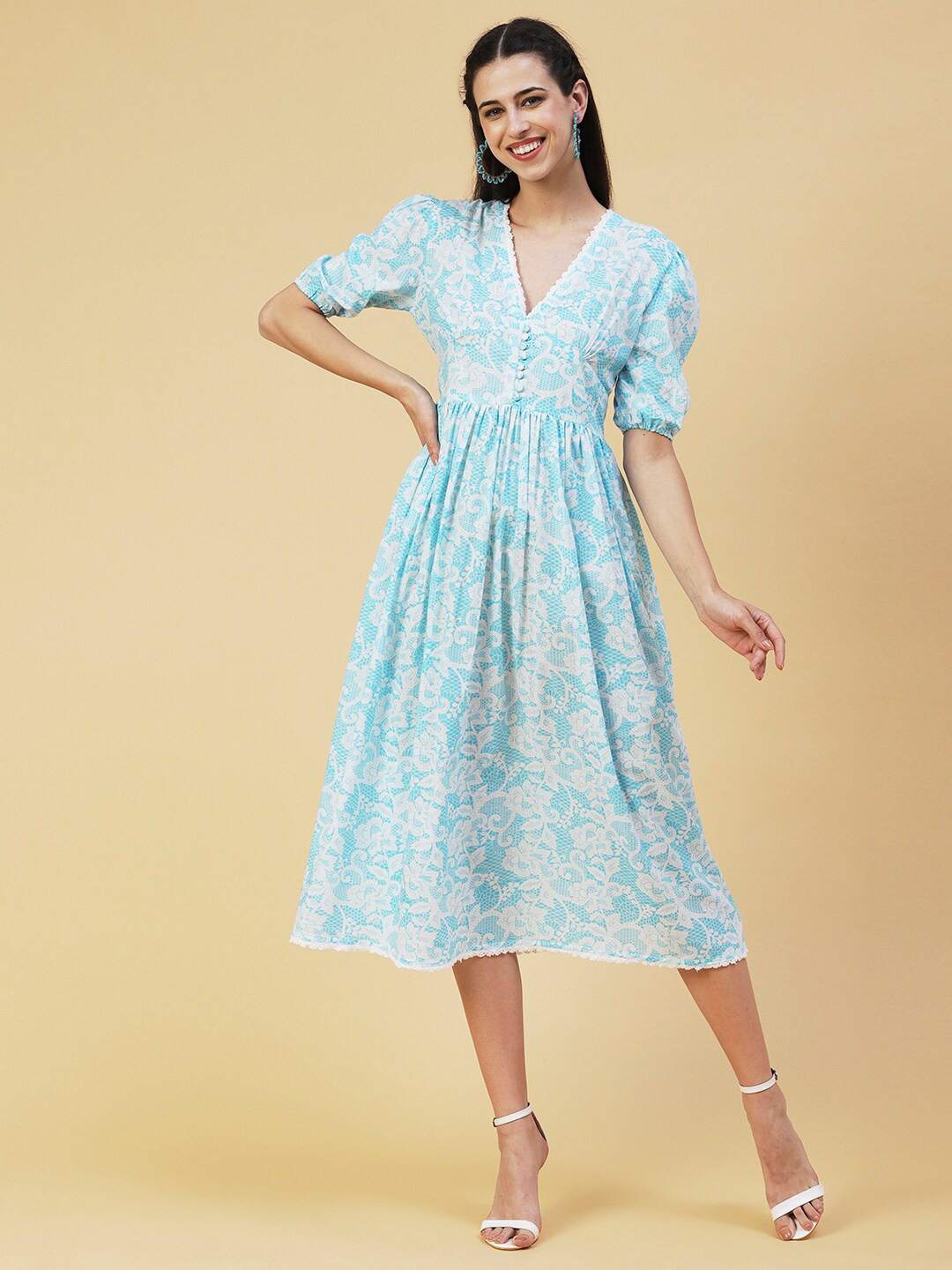 

FASHOR Floral Printed V Neck Puff Sleeves A-Line Cotton Midi Dress, Turquoise blue