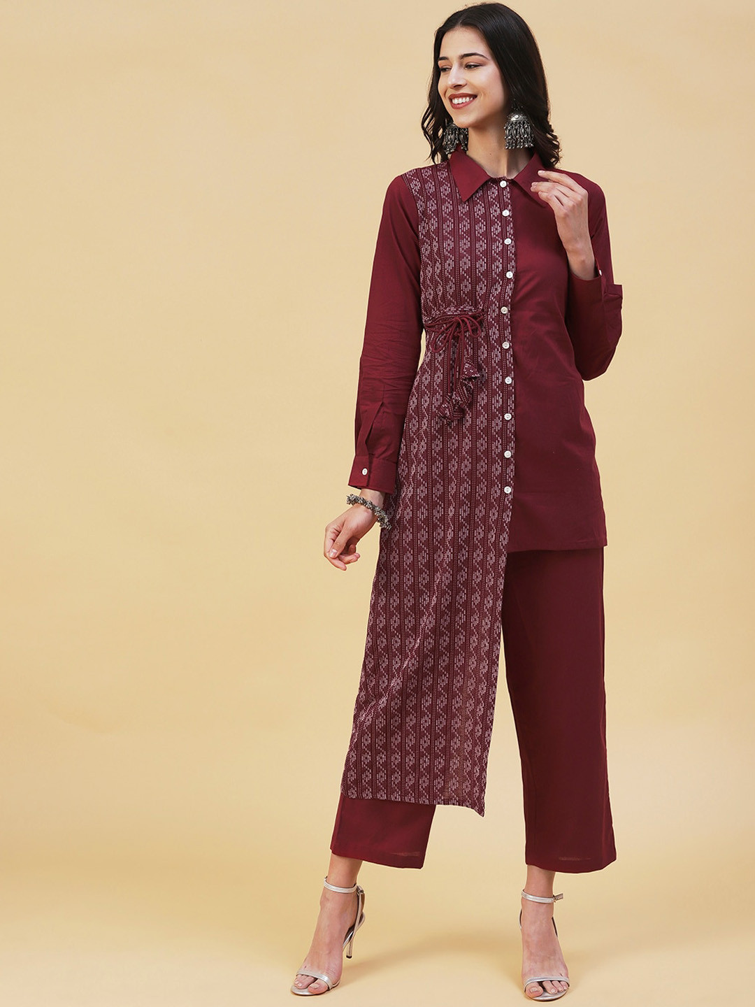 

FASHOR Ethnic Motifs Woven Design High Low Pure Cotton Kurta with Palazzos, Maroon