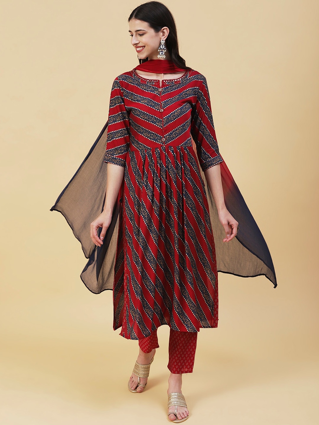 

FASHOR Chevron Printed Empire Mirror Work Kurta With Trousers & Dupatta, Red