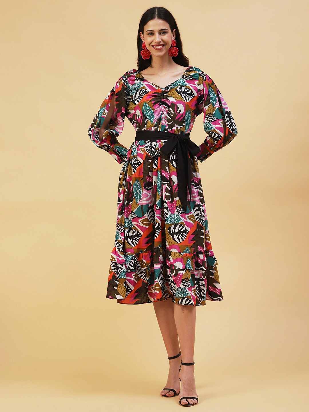 

FASHOR Printed Slit Cuffed Sleeves Cotton Fit & Flare Midi Dress, Black
