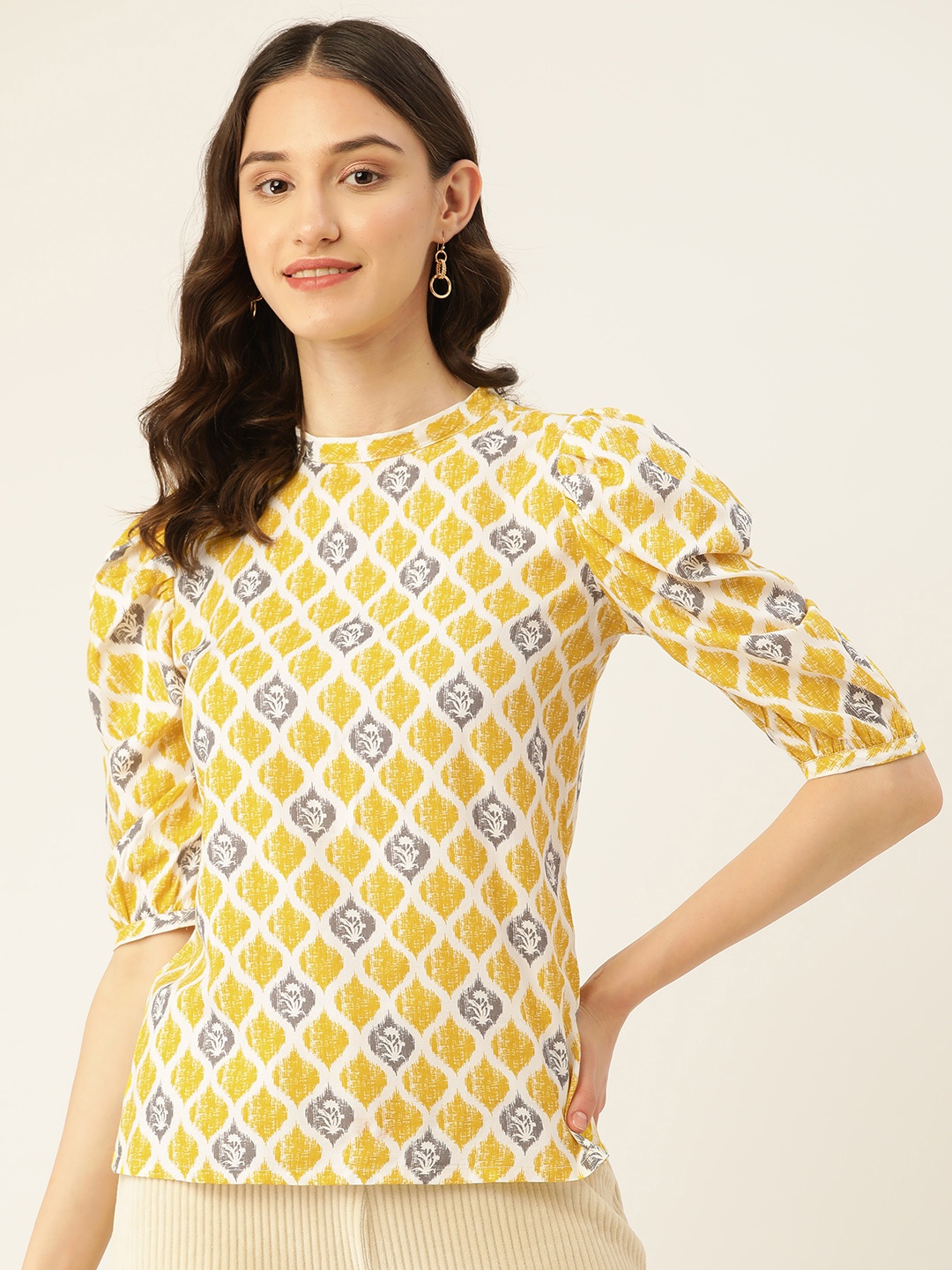 

ZIZO By Namrata Bajaj Ethnic Motifs Printed Puff Sleeves Top, Yellow