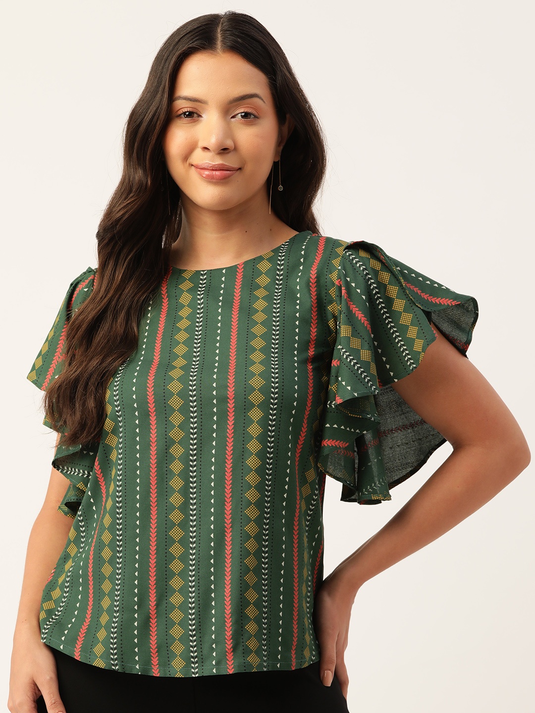 

ZIZO By Namrata Bajaj Geometric Printed Ruffles Top, Green