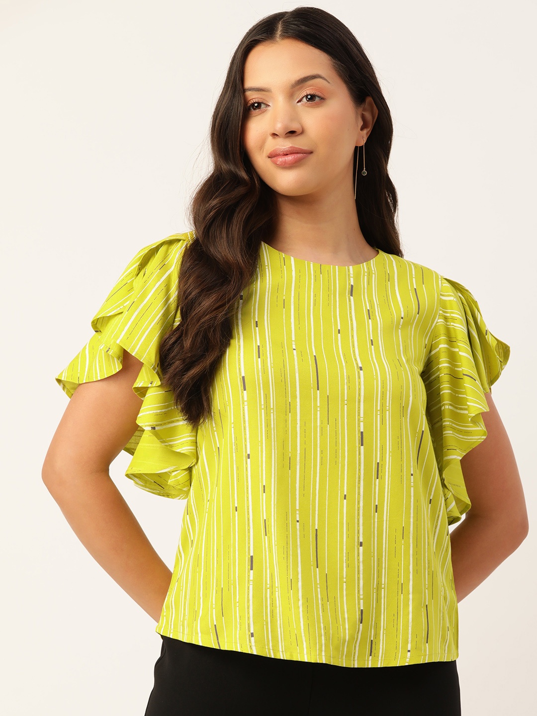 

ZIZO By Namrata Bajaj Geometric Printed Ruffles Top, Lime green