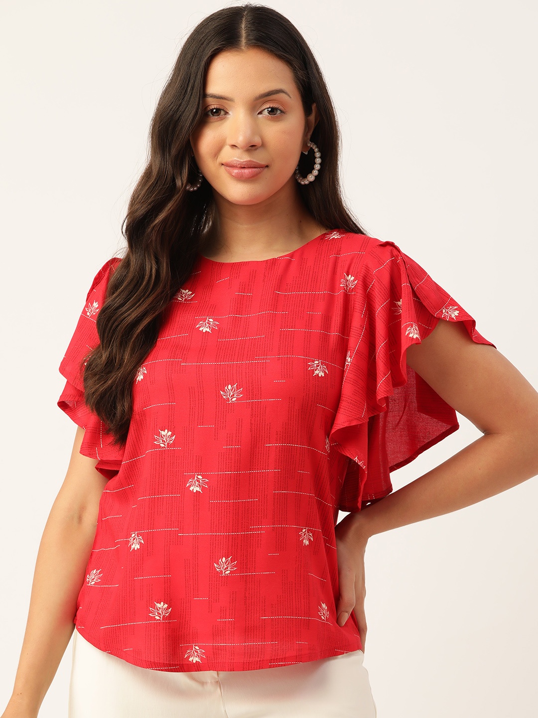 

ZIZO By Namrata Bajaj Floral Printed Ruffles Top, Red