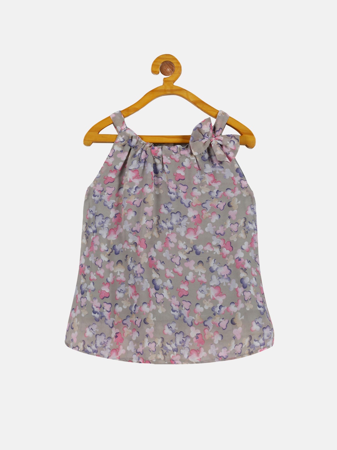 KiddoPanti Shoulder Straps Floral Print Georgette Top, Grey