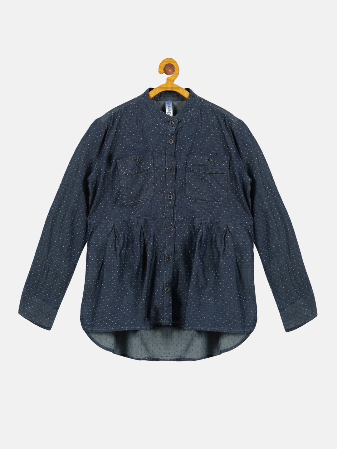 

KiddoPanti Girls Self Design Mandarin Collar Shirt Style Top, Blue