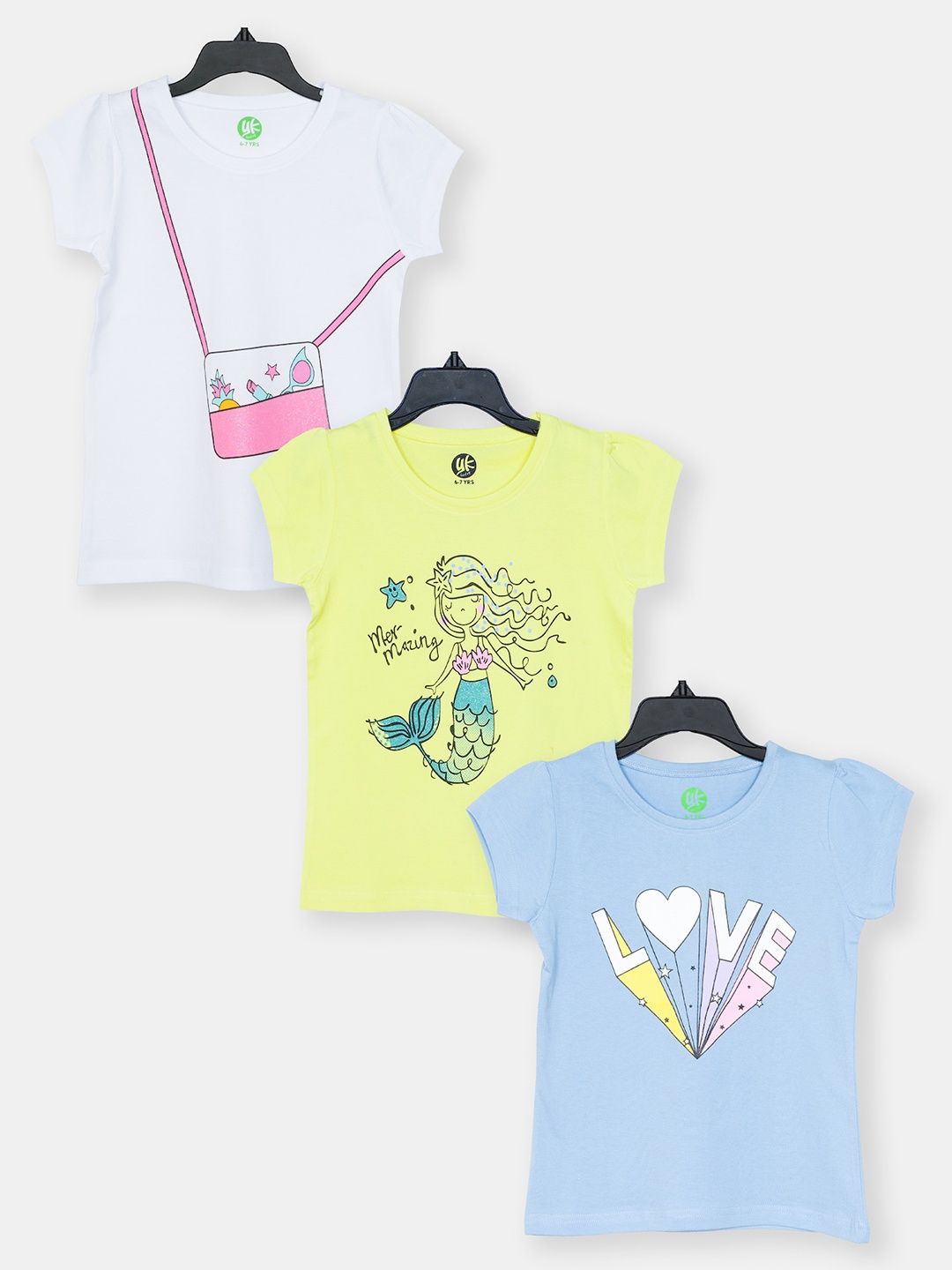 

YK Girls Pack Of 3 Graphic Printed Cotton T-shirt, Yellow