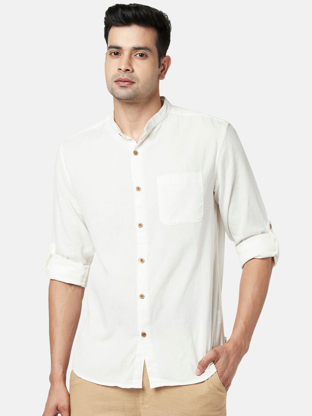 

7 Alt by Pantaloons Mandarin Collar Casual Shirt, Off white