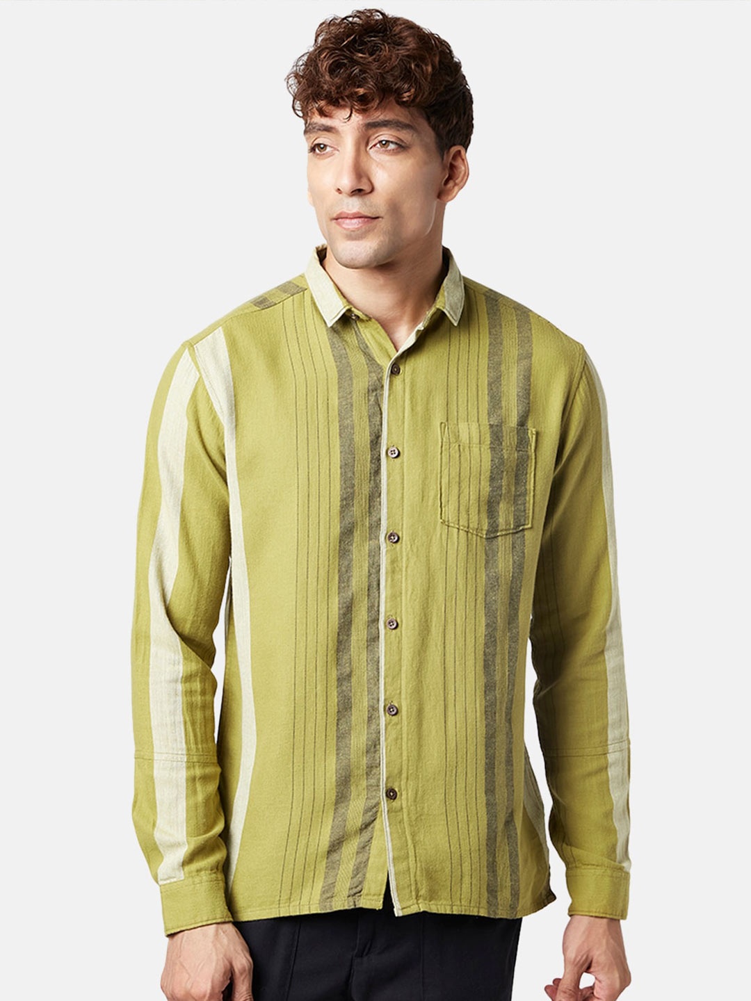 

7 Alt by Pantaloons Vertical Striped Cotton Casual Shirt, Olive