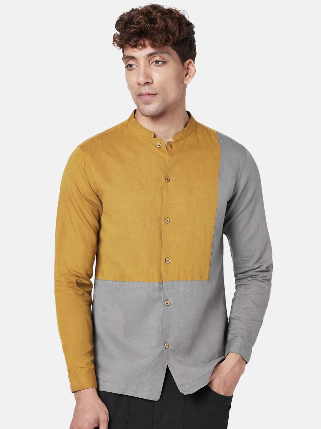 

7 Alt by Pantaloons Slim Fit Colourblocked Cotton Linen Casual Shirt, Grey