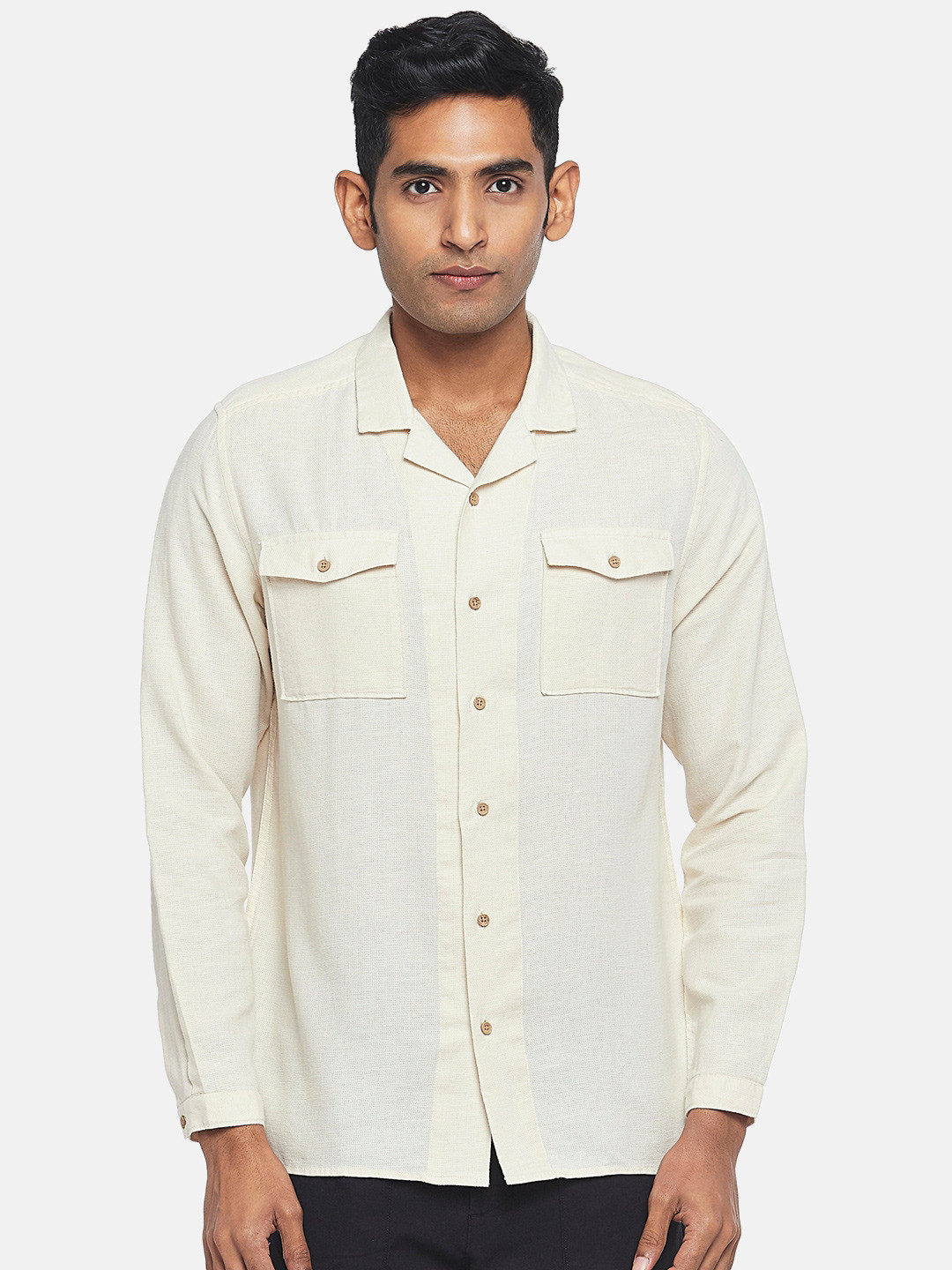 

7 Alt by Pantaloons Spread Collar Cotton Linen Casual Shirt, Beige
