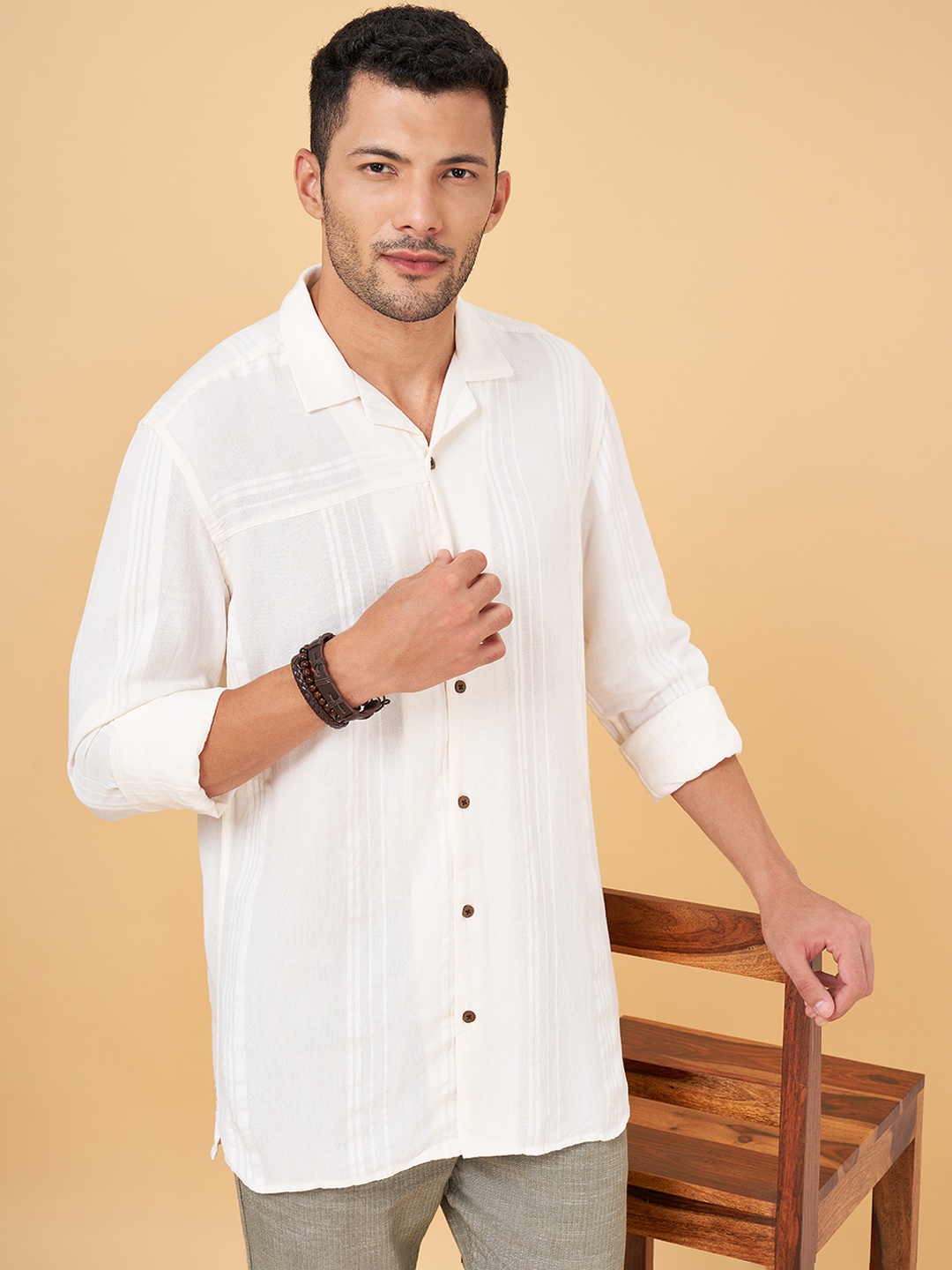 

7 Alt by Pantaloons Men Striped Casual Cotton Shirt, White