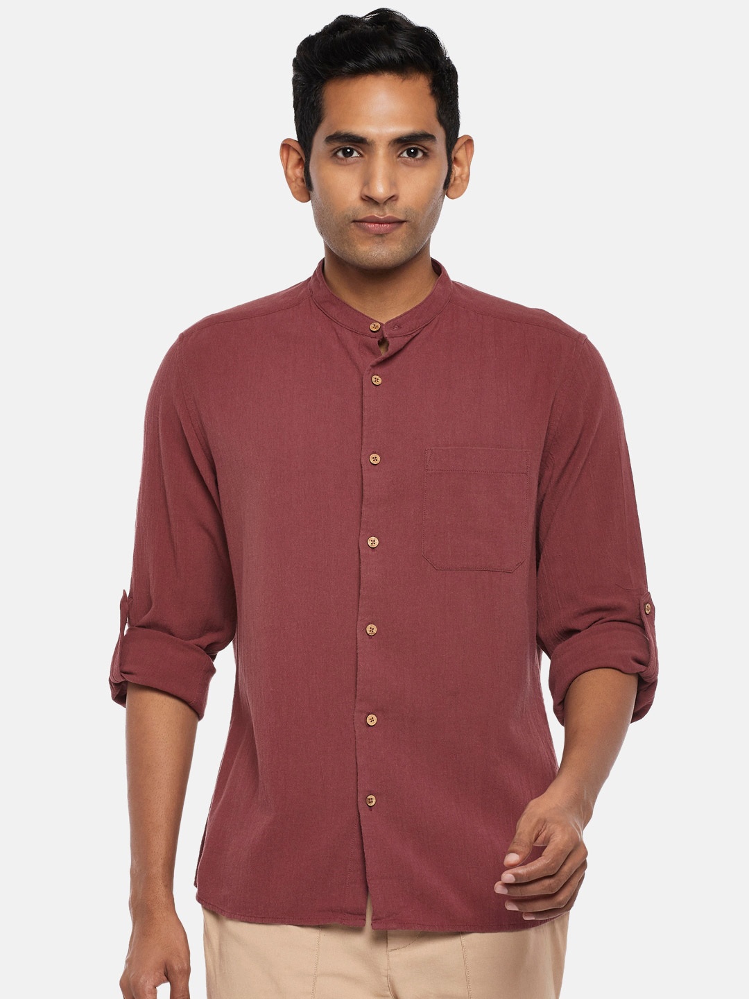 

7 Alt by Pantaloons Mandarin Collar Cotton Casual Shirt, Red