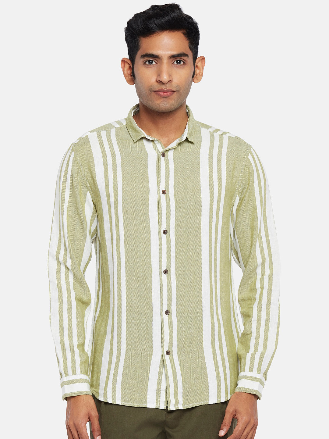 

7 Alt by Pantaloons Slim Fit Vertical Striped Cotton Casual Shirt, Olive