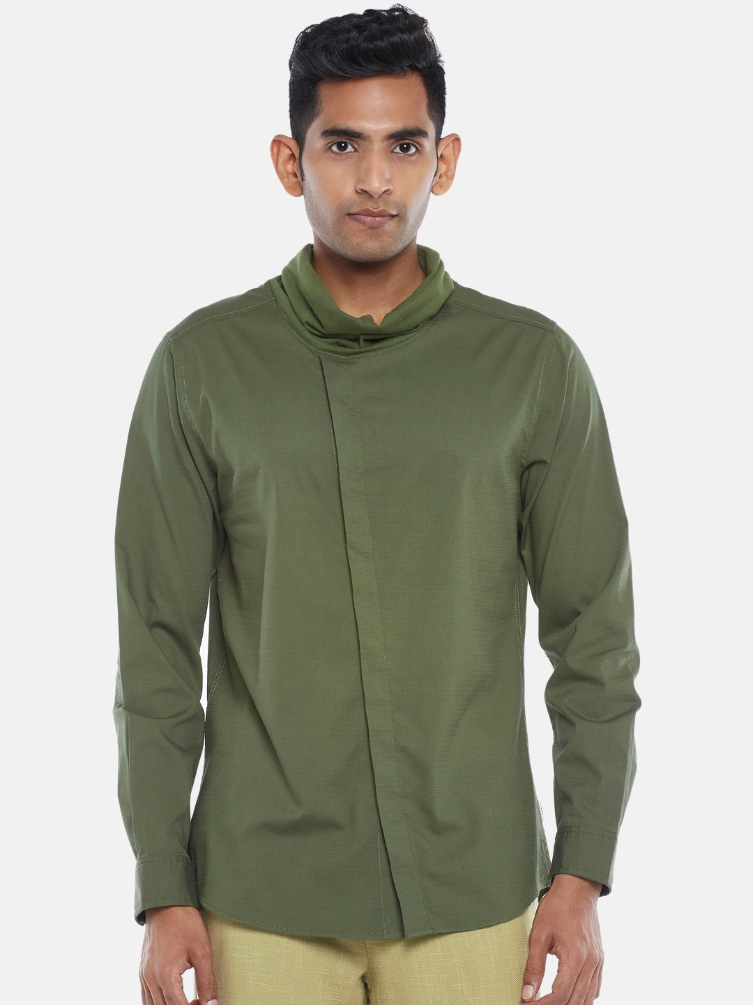 

7 Alt by Pantaloons Mock Collar Cotton Casual Shirt, Olive