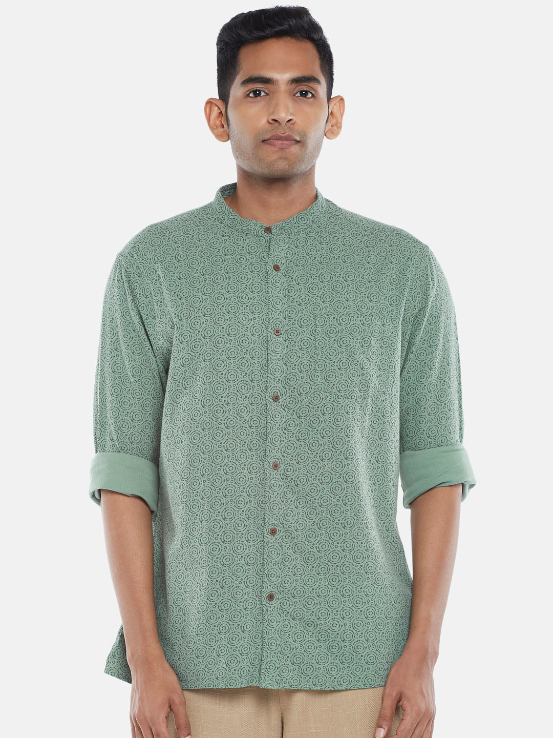 

7 Alt by Pantaloons Band Collar Printed Cotton Casual Shirt, Green