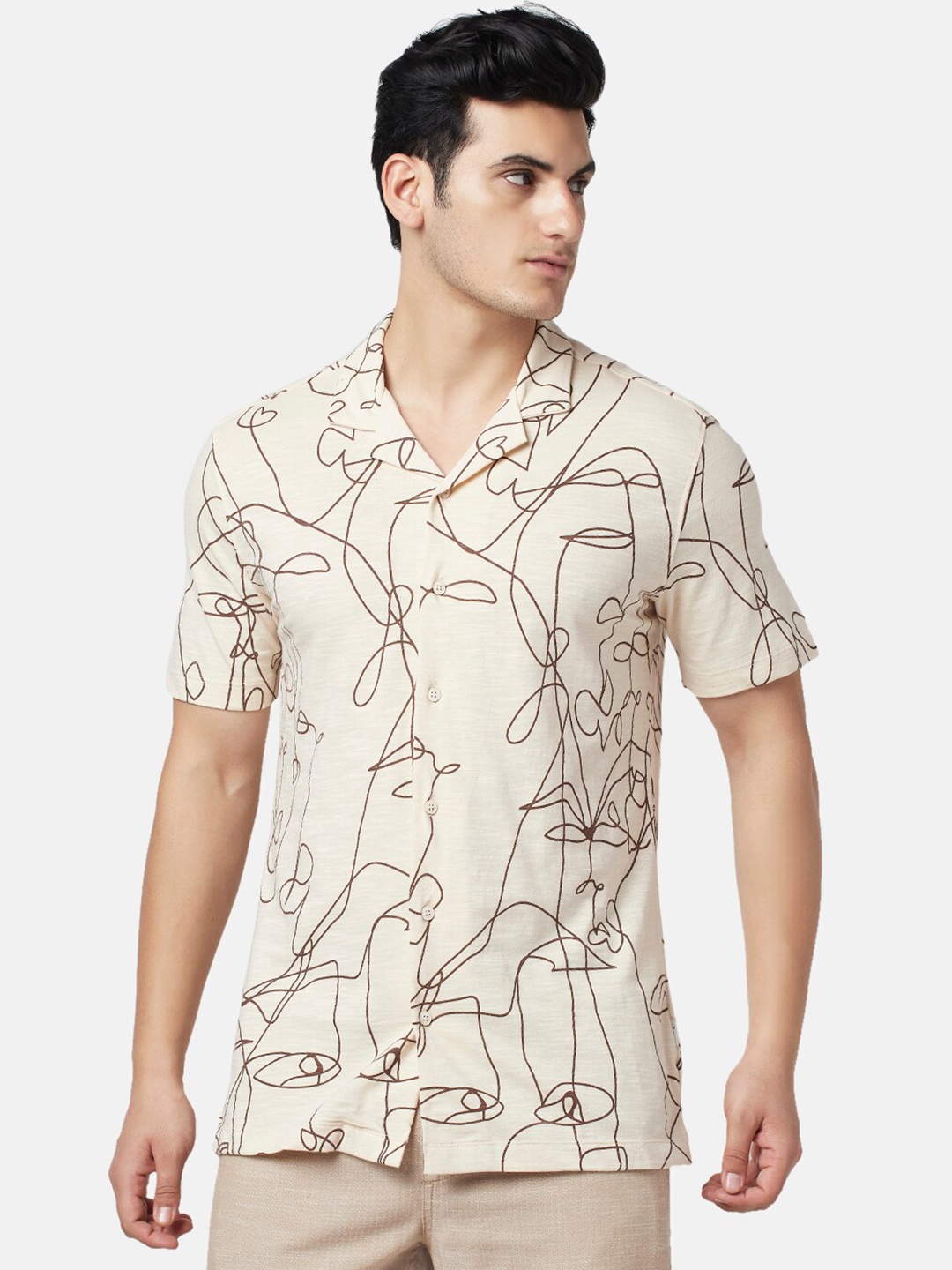 

7 Alt by Pantaloons Slim Fit Abstract Printed Cotton Casual Shirt, Beige