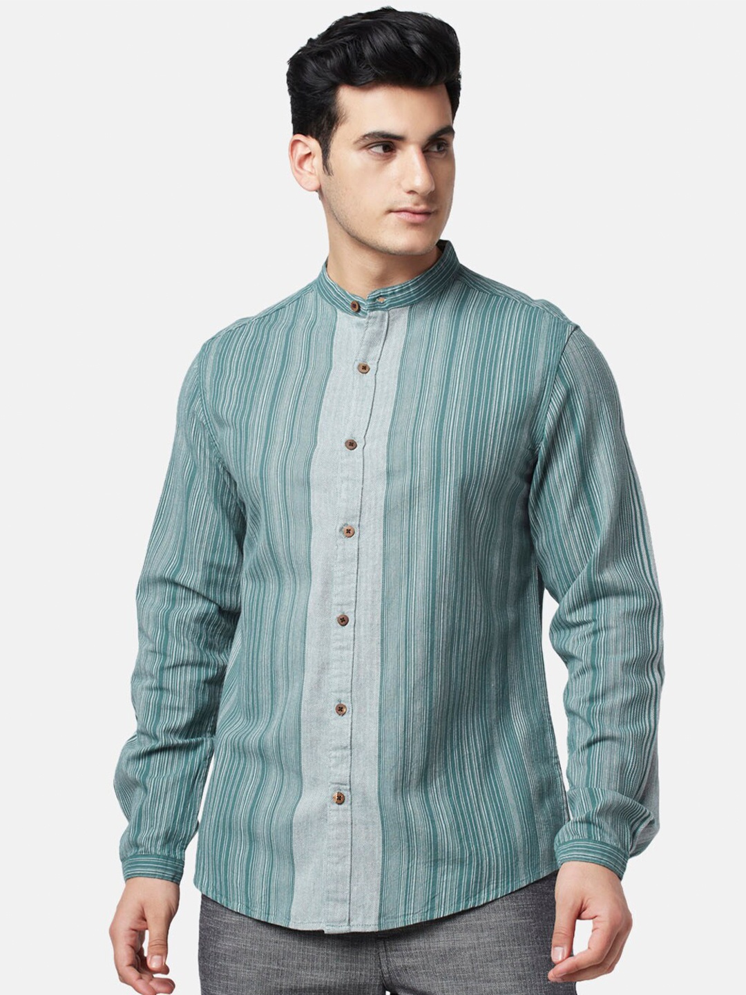 

7 Alt by Pantaloons Men Slim Fit Striped Casual Cotton Shirt, Olive