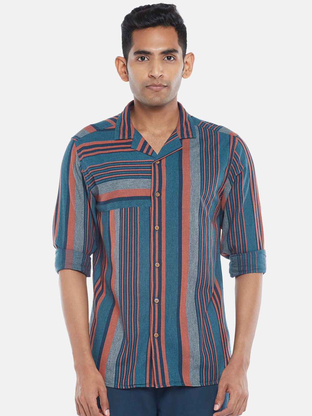 

7 Alt by Pantaloons Slim Fit Multi Striped Casual Cotton Shirt, Blue