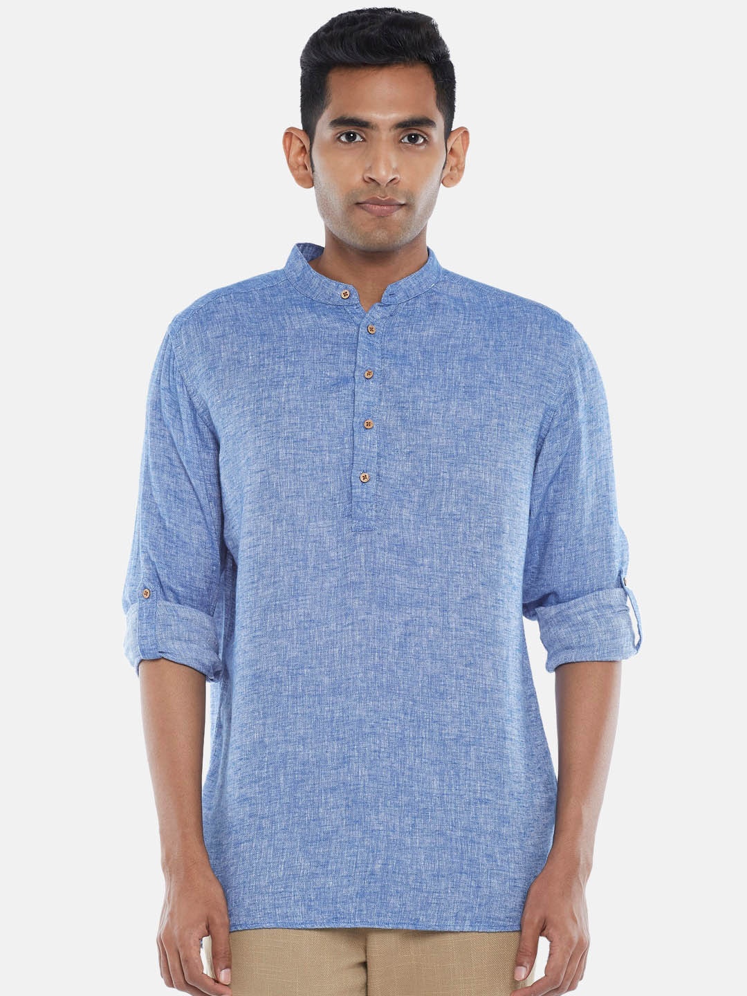 

7 Alt by Pantaloons Mandarin Collar Roll-Up Sleeves High-Low Hem Casual Shirt, Blue