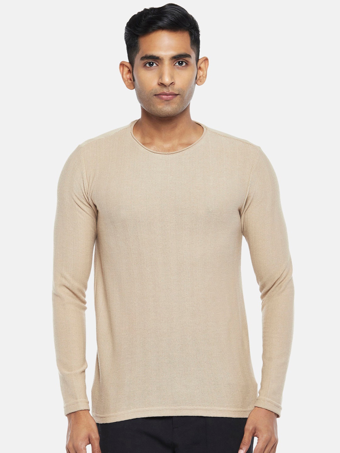 

7 Alt by Pantaloons Self Design Raw Edge Cotton Slim Fit T-shirt, Khaki