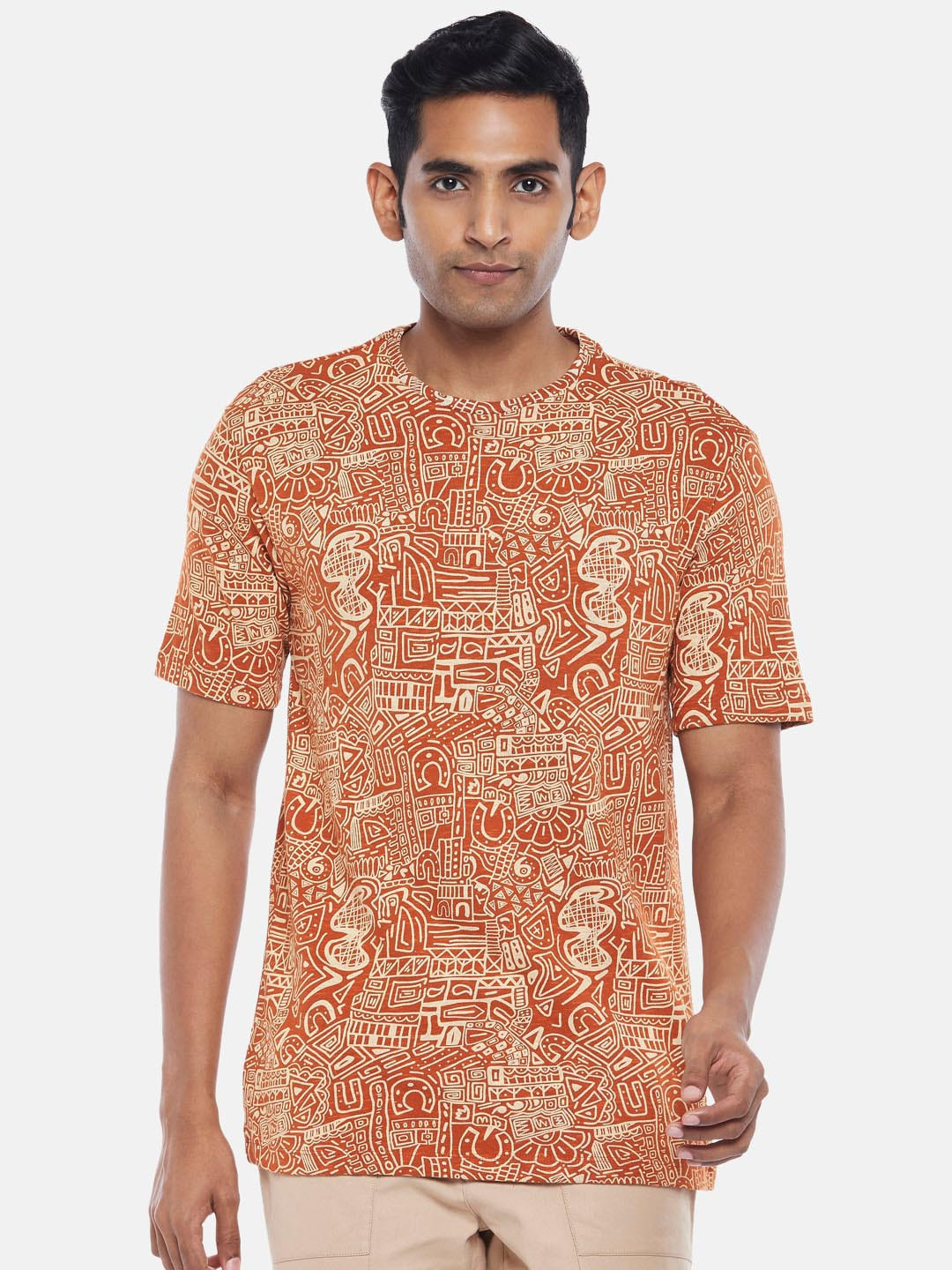 

7 Alt by Pantaloons Round Neck Abstract Printed T-shirt, Rust