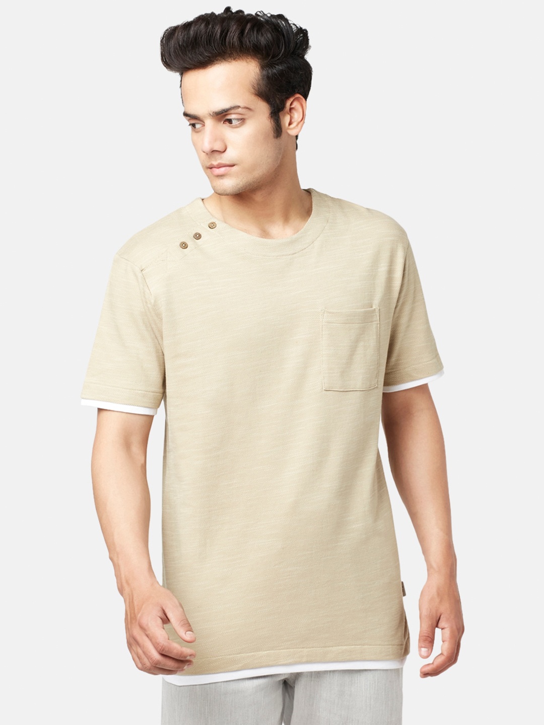 

7 Alt by Pantaloons Round Neck Relaxed Fit Cotton T-shirt, Beige