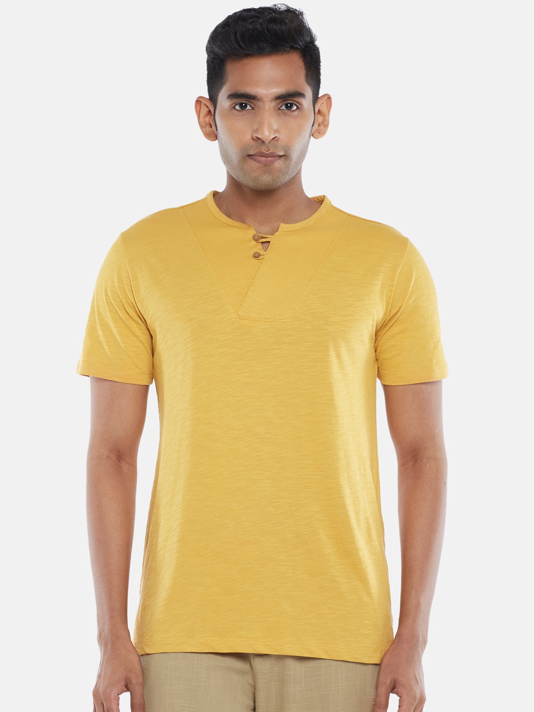 

7 Alt by Pantaloons Henley Neck Slim Fit Cotton T-shirt, Yellow