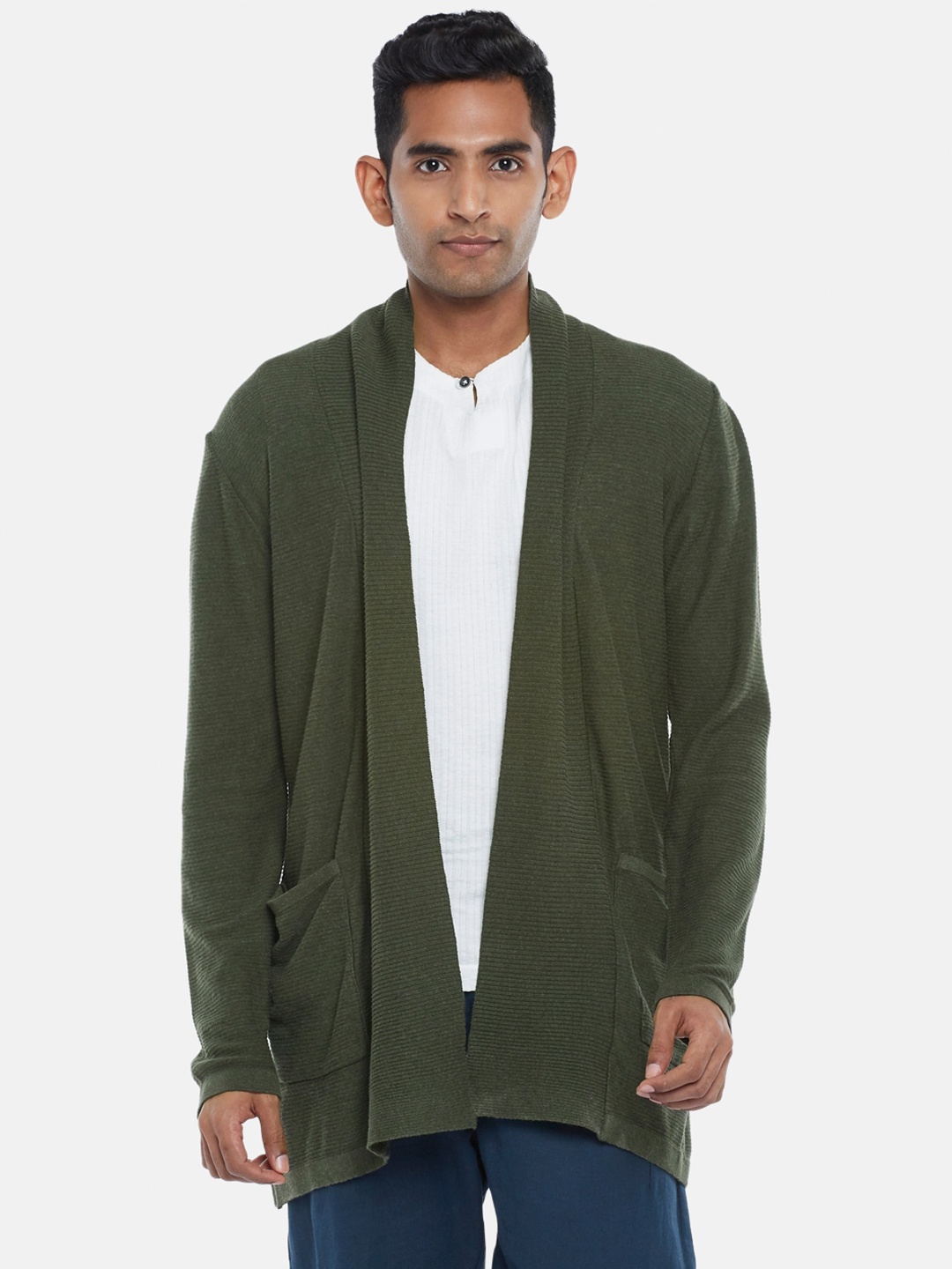 

7 Alt by Pantaloons Men Front Open Long Sleeve Cotton Shrug, Olive