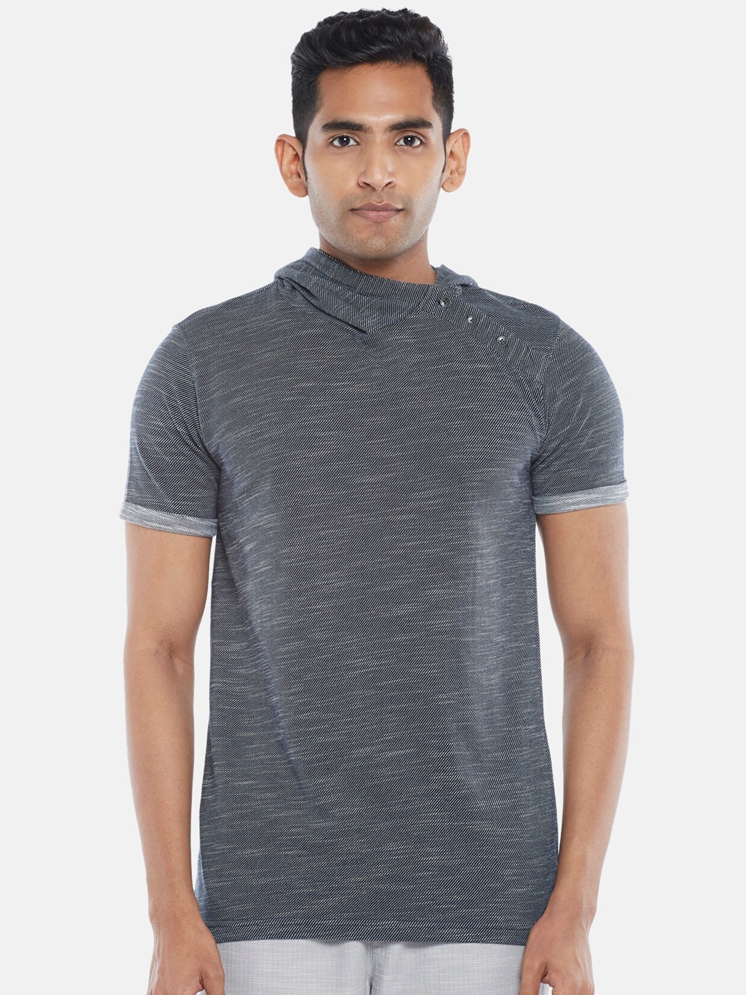 

7 Alt by Pantaloons Hooded Melange Fabric Slim Fit T-shirt, Navy blue