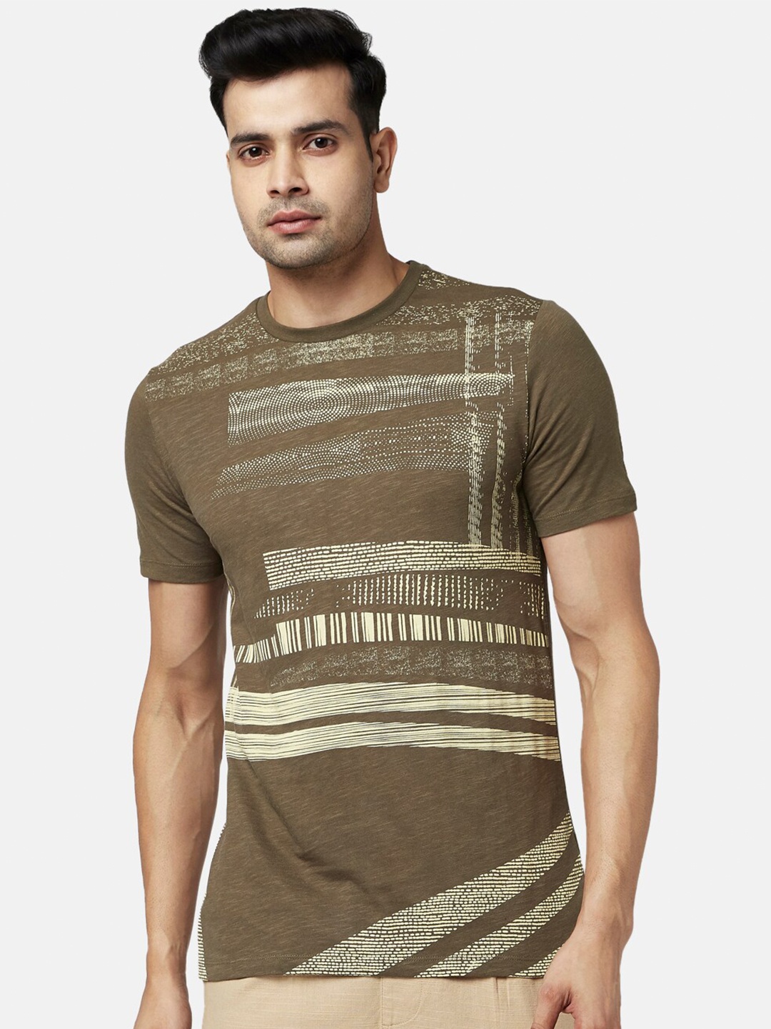 

7 Alt by Pantaloons Abstract Printed Slim Fit Cotton T-shirt, Olive