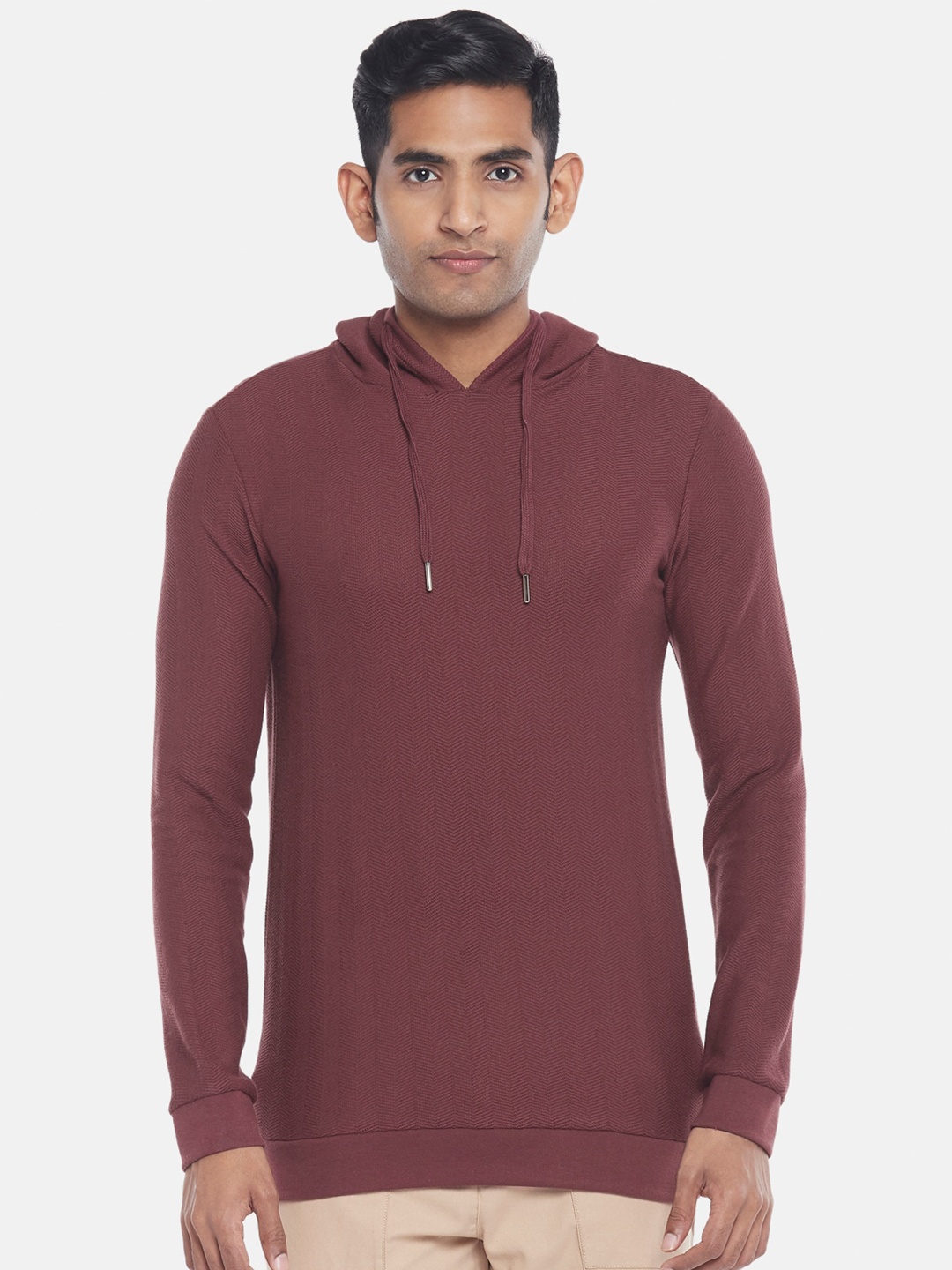 

7 Alt by Pantaloons Long Sleeve Hooded Cotton Slim Fit T-shirt, Maroon