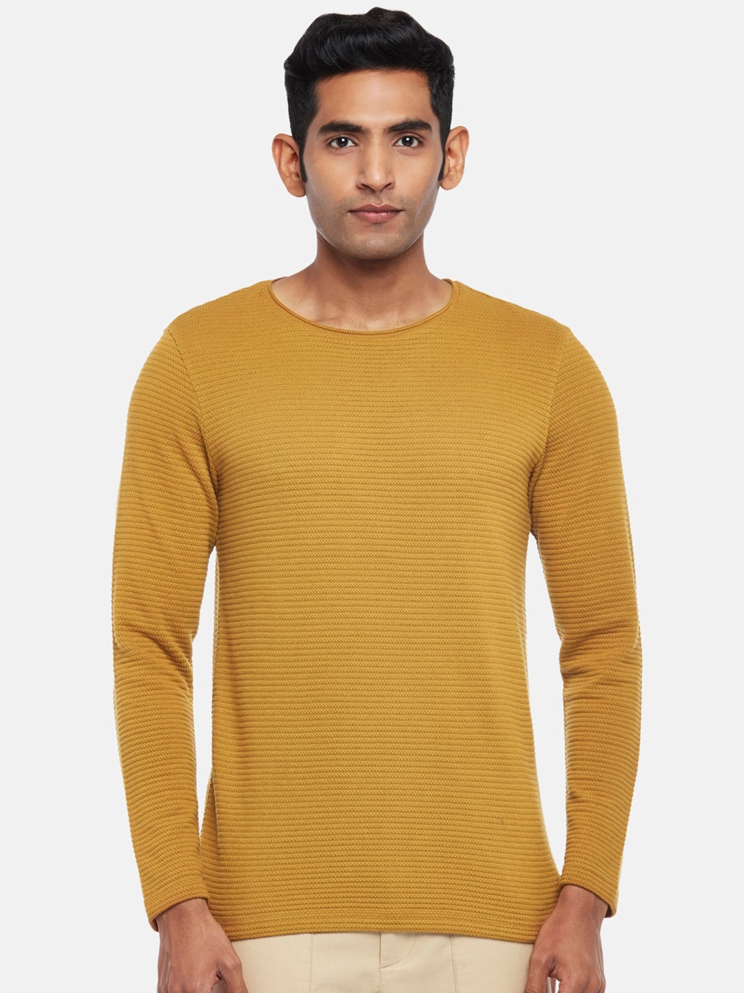 

7 Alt by Pantaloons Long Sleeves Cotton Ribbed T-shirt, Mustard