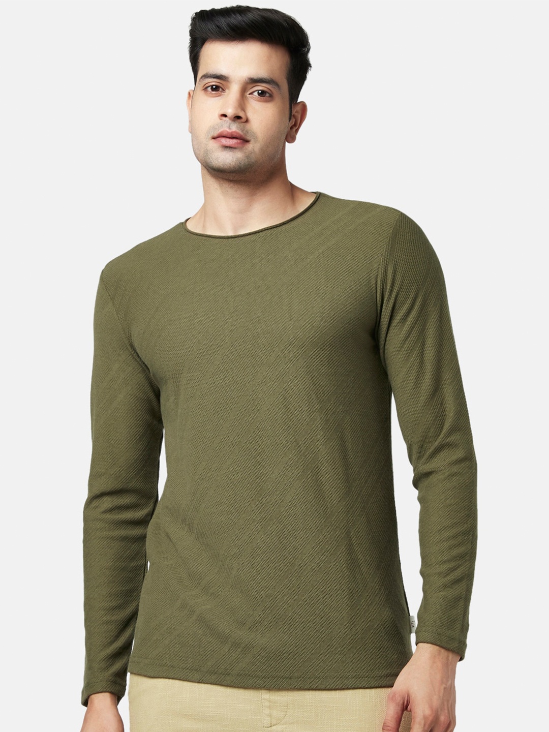 

7 Alt by Pantaloons Self Design Long Sleeves Cotton Slim Fit T-shirt, Olive