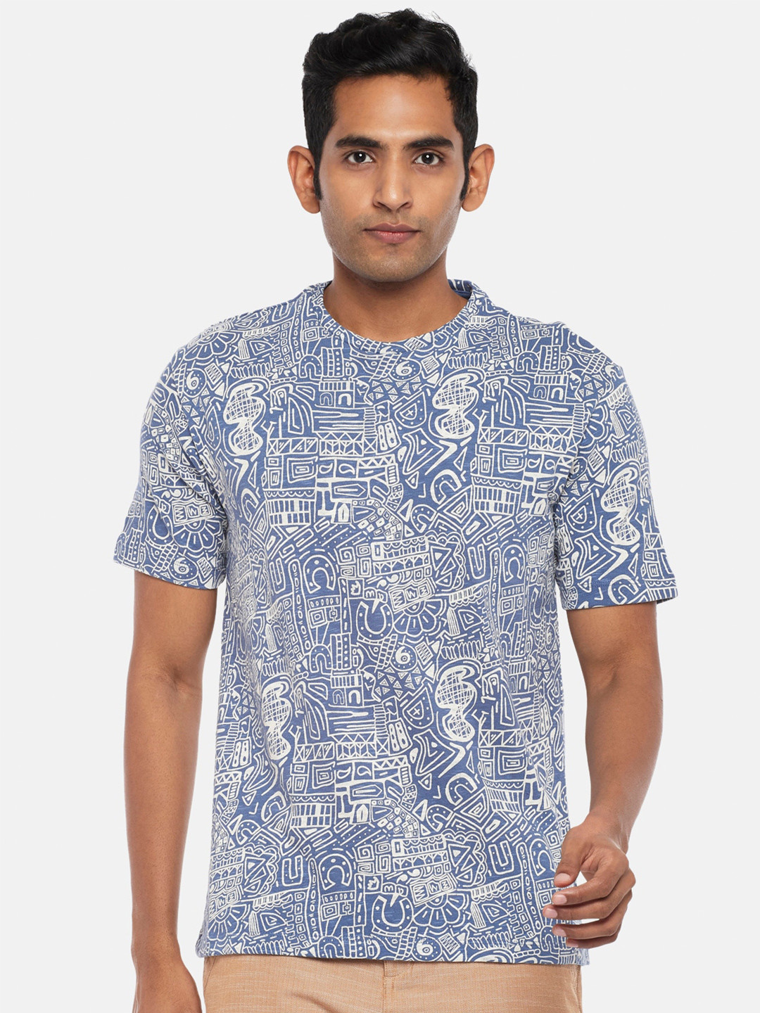 

7 Alt by Pantaloons Printed Round Neck Cotton T-shirt, Blue