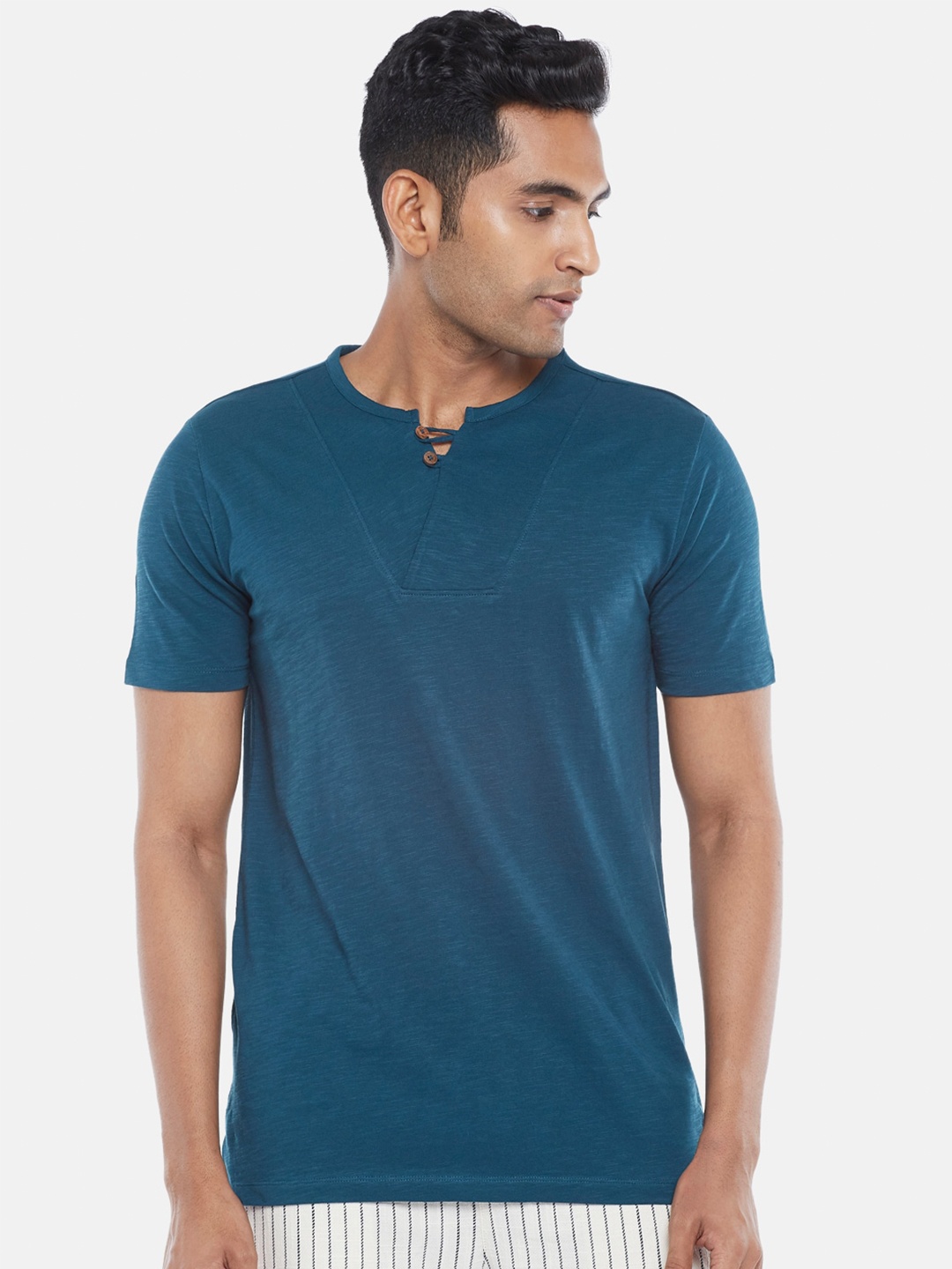 

7 Alt by Pantaloons Henley Neck Cotton Slim Fit T-shirt, Teal